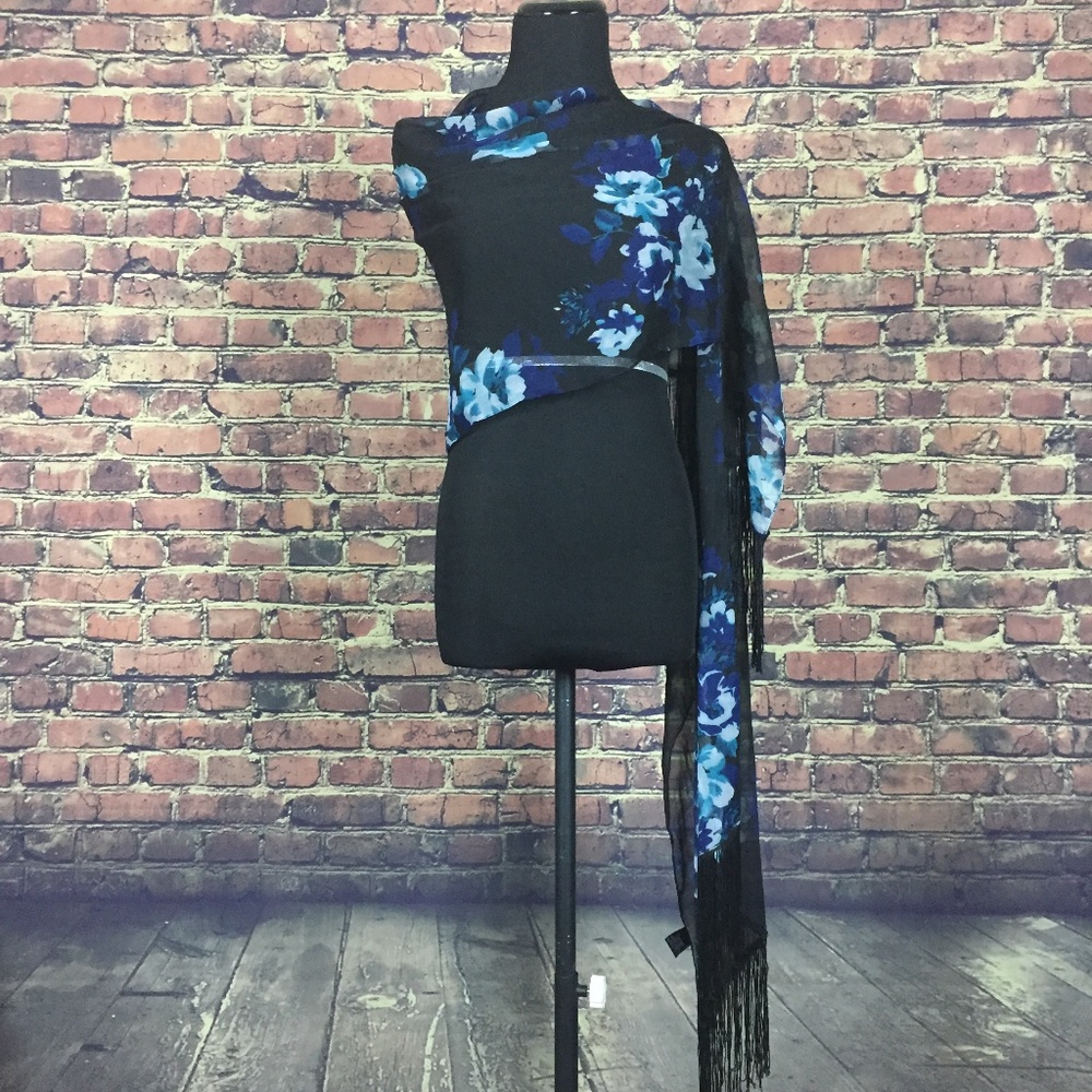 Unique Black Blue Floral Polyester Scarf